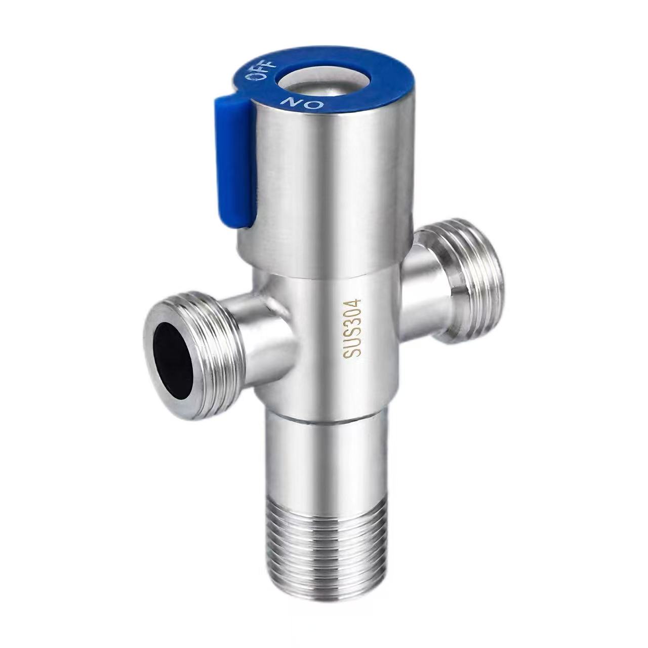 Válvula angular de três vias com alça azul de 180° e saída dupla