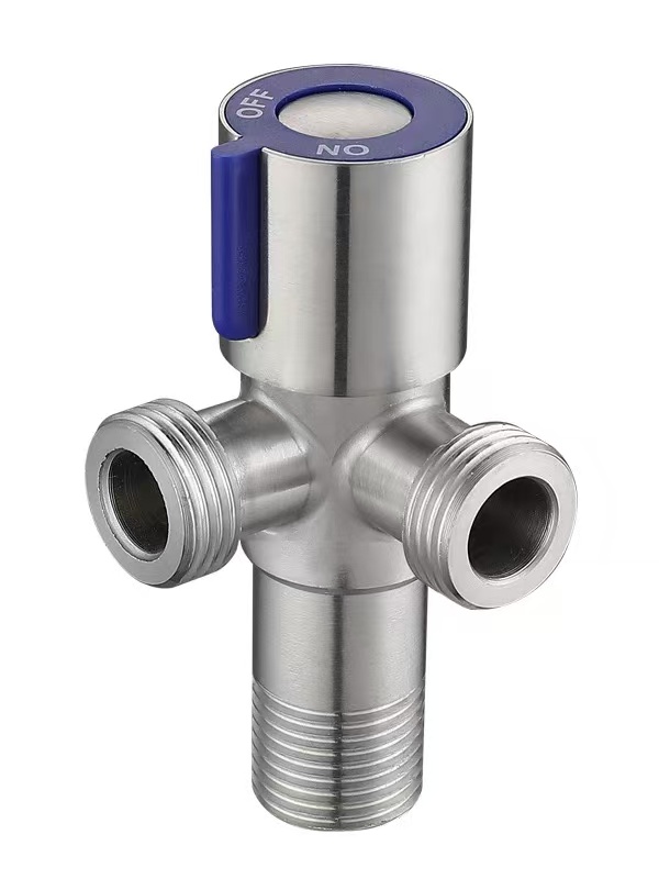 Válvula angular de três vias com alça azul de 90° e saída dupla