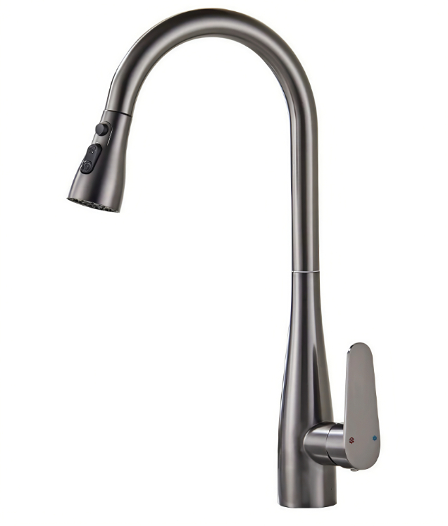 Torneira removível de cozinha quente e fria com pescoço de ganso de arco alto cinza gunmetal Torneira removível de cozinha quente e fria com pescoço de ganso de arco alto cinza gunmetal