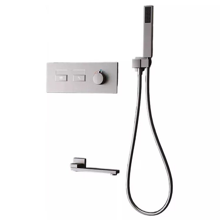 Cabeça de chuveiro minimalista de metal escuro com saída dupla
