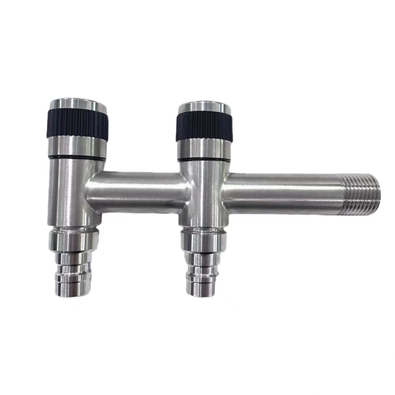 Torneira para máquina de lavar de dupla utilização em aço inoxidável com uma entrada e duas saídas